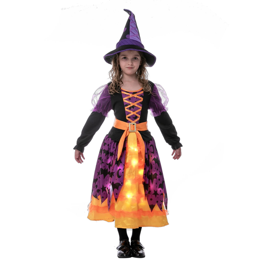 Joyfy Light up Witch Costume for Girls,Starry Witch Dress with Broom Hat for Kids and Toddlers, Perfect for Halloween Party Dress-up Cosplay Age 5-7