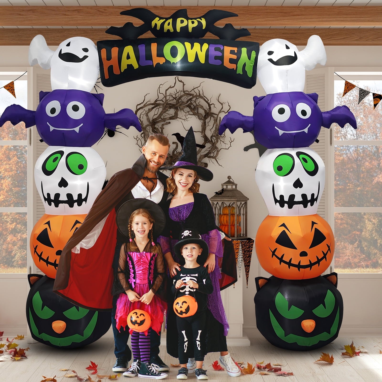 UBesGoo 8.2' Halloween Inflatables Pumpkin Ghost Archway , Blow up Hallowee Decorations with Built-in LED Lights for Holiday