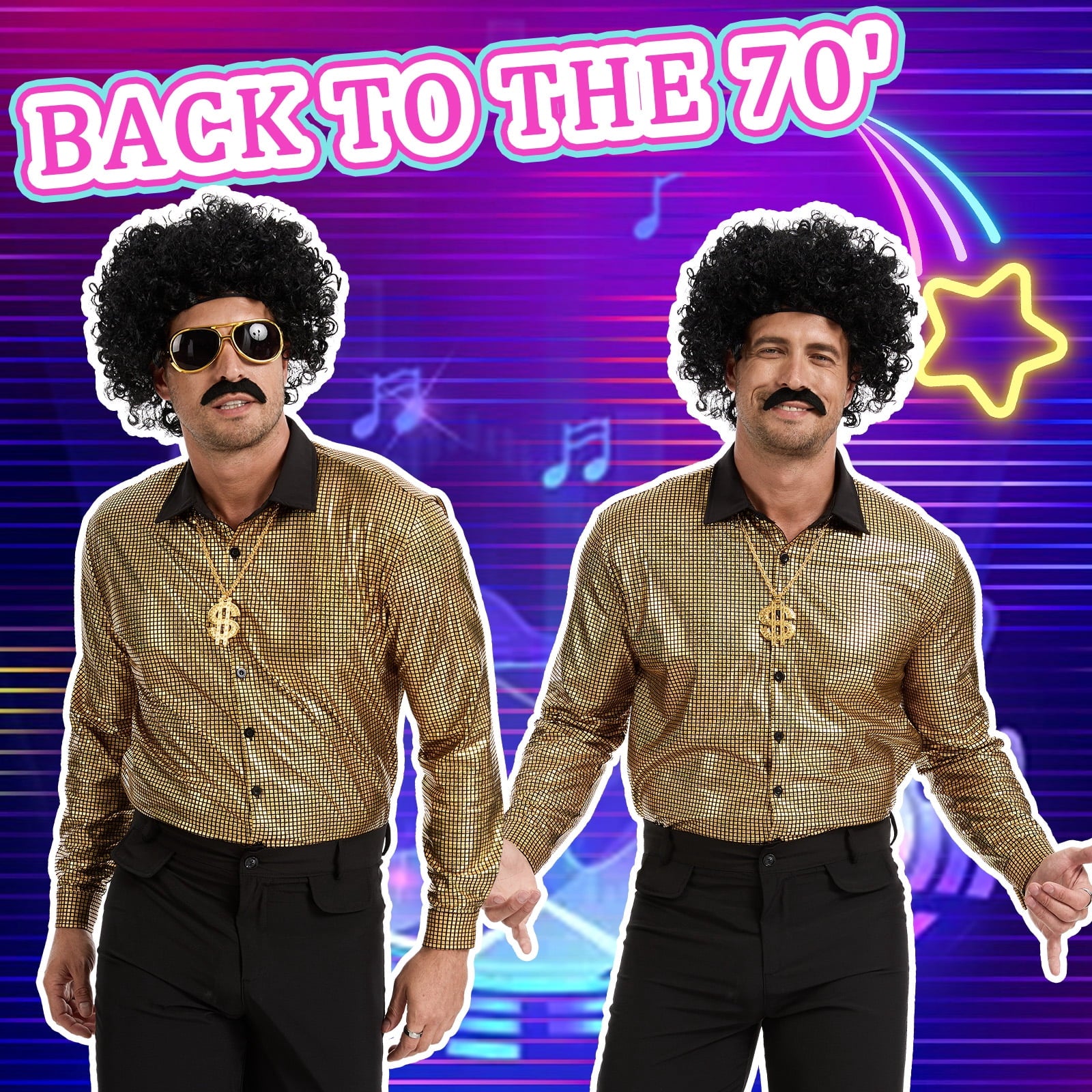MYATED 70s Disco Costume for Men 6 Pcs Dance Bell Bottom Pants Retro Shirts Wigs Sunglasses Necklace Shirts for Disco Party (Black,L)
