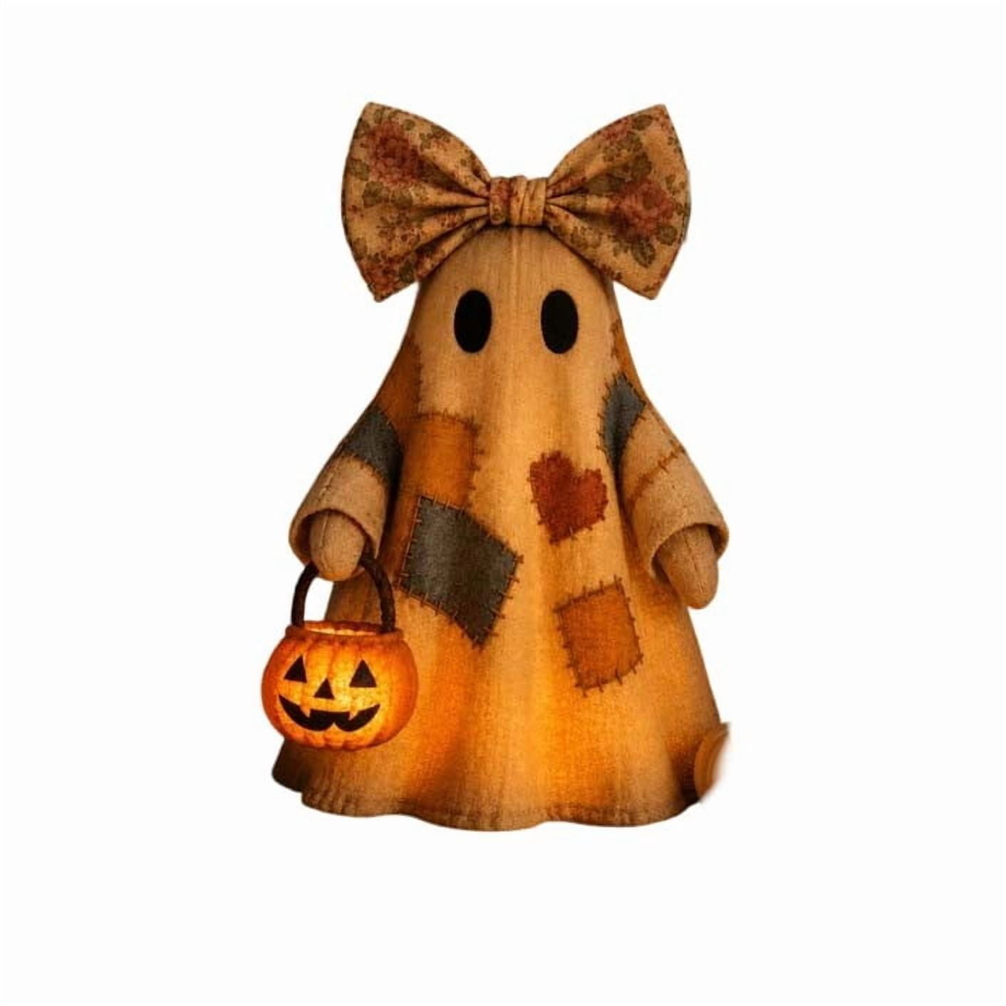 Tumdkd Vintage Patchwork Ghost Decor with LED Pumpkin Light, Soft Fabric Halloween Ornament for Mantel Shelf Tabletop, Cozy Family-Friendly Holiday Accent