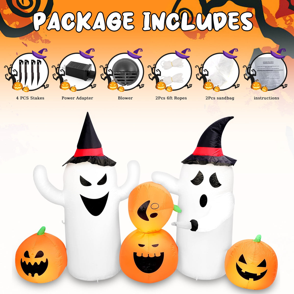 6 FT Halloween Inflatables Stacked Pumpkins Ghost with Build-in LEDs for Porch,Halloween Pumpkin Decor Blow up Yard Decorations