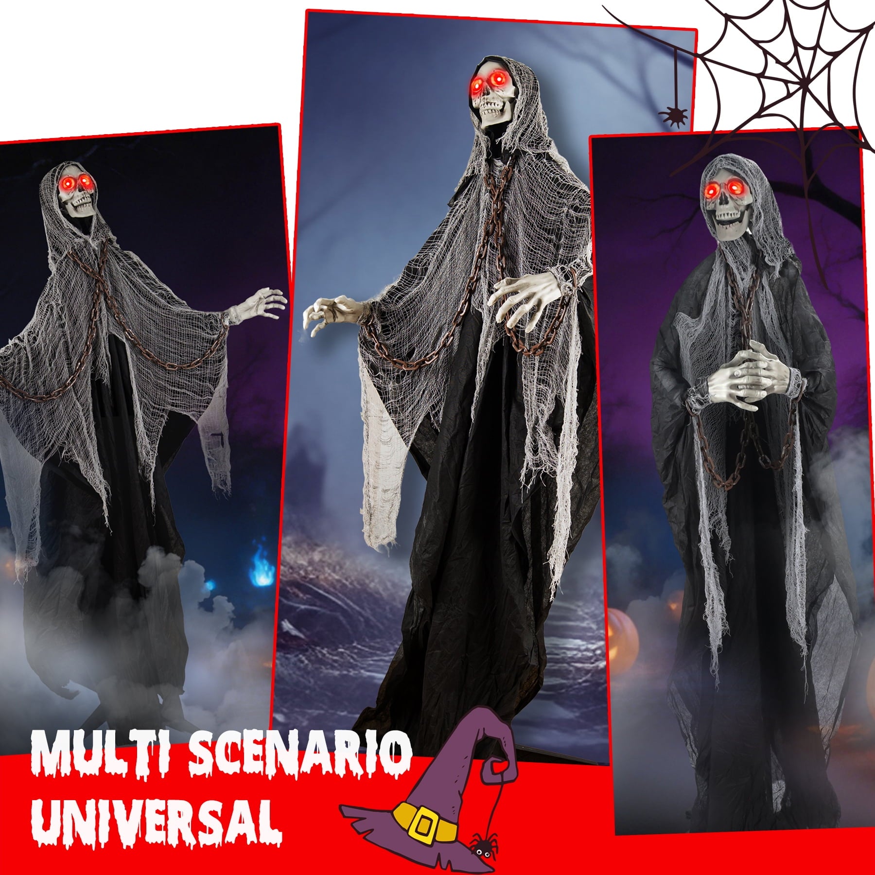 Magotan 6ft Halloween Outdoor Skeleton Ghost Decorations, Sound Controlled Swinging Scary Skeleton Ghost Halloween Decoration for Outdoor Garden Porch Yard Decor,Red