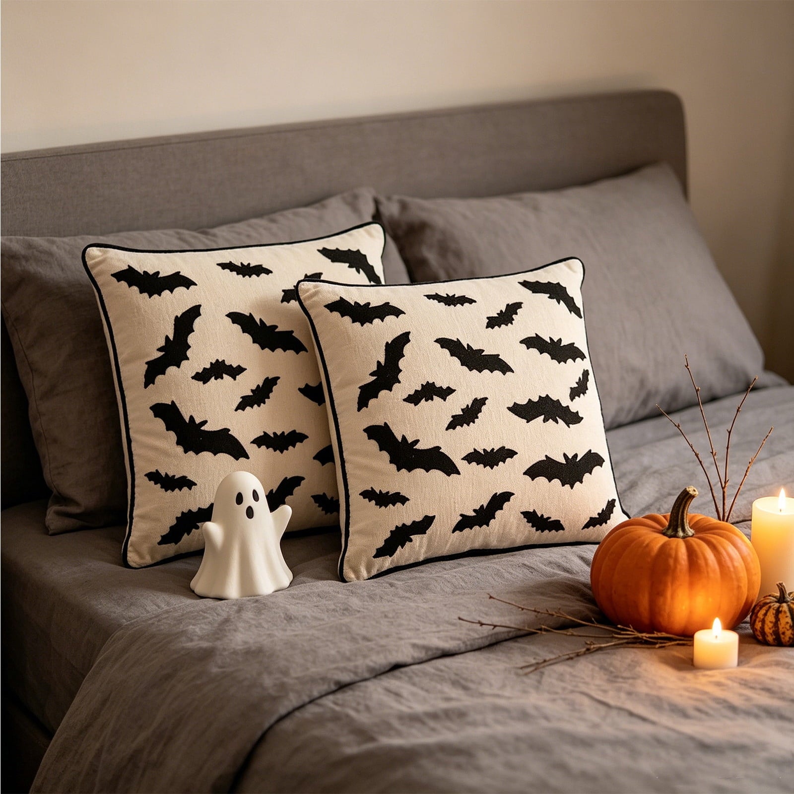 Yeciiwht Halloween Throw Pillow Cover – 18*18inch Embroidered Linen Cushion Case with Ghost, Mummy & Bat Designs, Invisible Zipper, Machine Washable