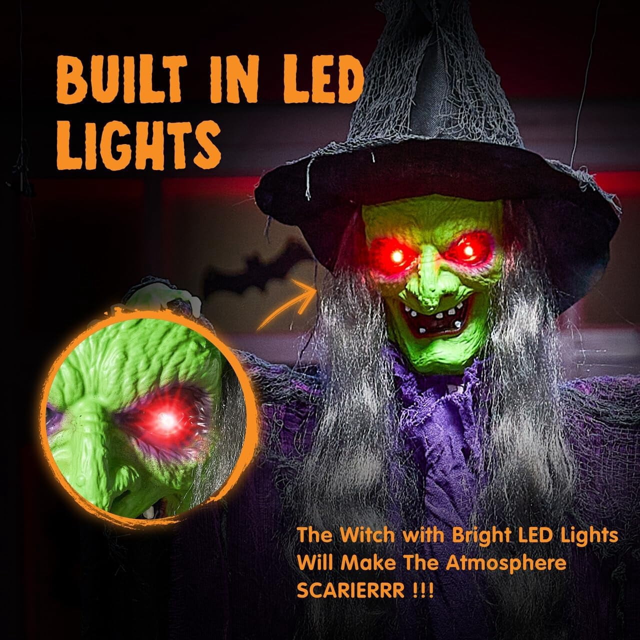 Joyfy 47" Halloween Decorations Outdoor,Life Size Animated Witch Scary Decorations Halloween Motion Activated Witch with LED Eyes & Sound,Haunted House Decor