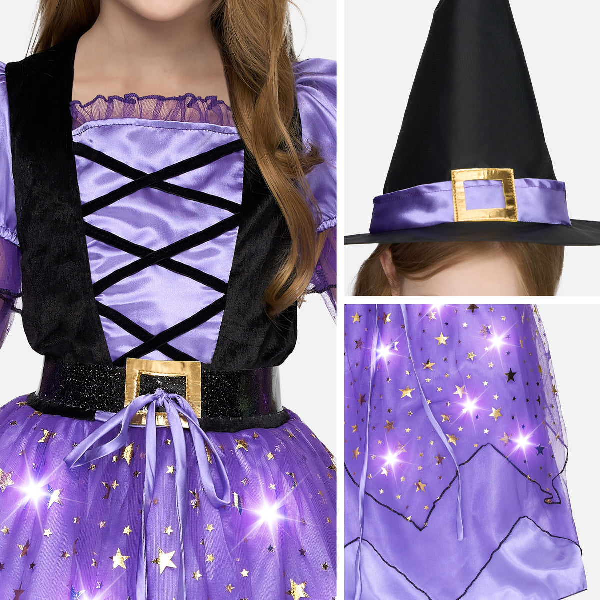 Joyfy Light Up Witch Costume Set for Girls, Starry Witch Dress with Broom Belt Hat for Kids and Toddlers, Perfect for Halloween Party Dress-Up Cosplay (5-12 Years)