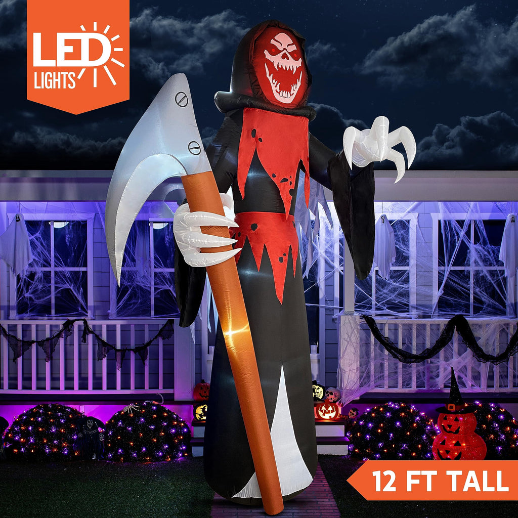 Joyfy 12 FT Halloween Inflatable Giant Grim Reaper Decoration with Built-in LEDs,Grim Reaper with Scythe Halloween Decorations Outdoor Blow Up Yard Lawn Decoration