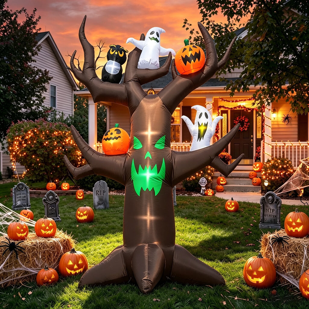 Coolmade 9ft Halloween Inflatable Tree Decoration with pumpkin, Ghost, Owl, Blow up Yard Inflatables with Built-in LEDs for Garden Lawn Indoor Party Decor