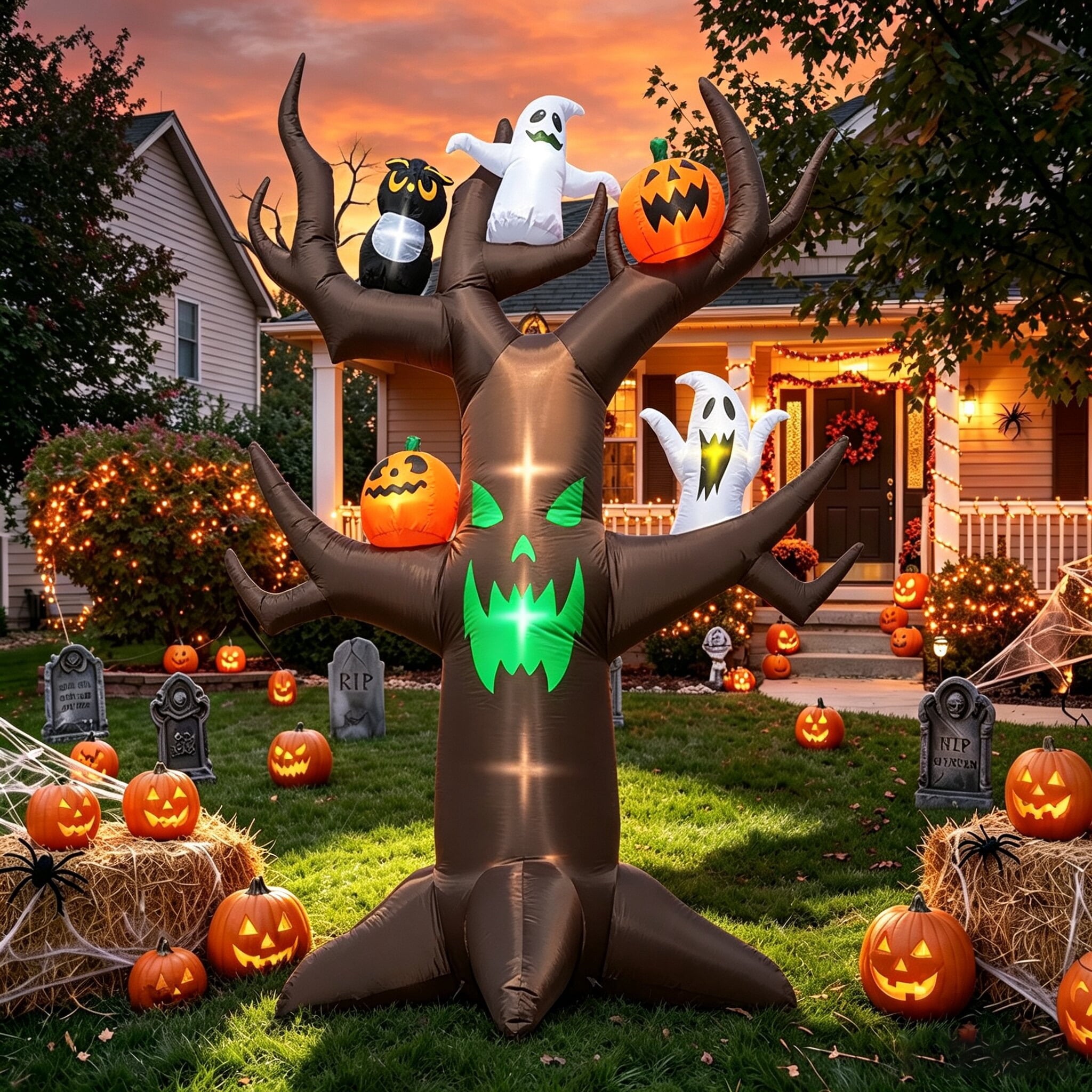 Coolmade 9ft Halloween Inflatable Tree Decoration with pumpkin, Ghost, Owl, Blow up Yard Inflatables with Built-in LEDs for Garden Lawn Indoor Party Decor