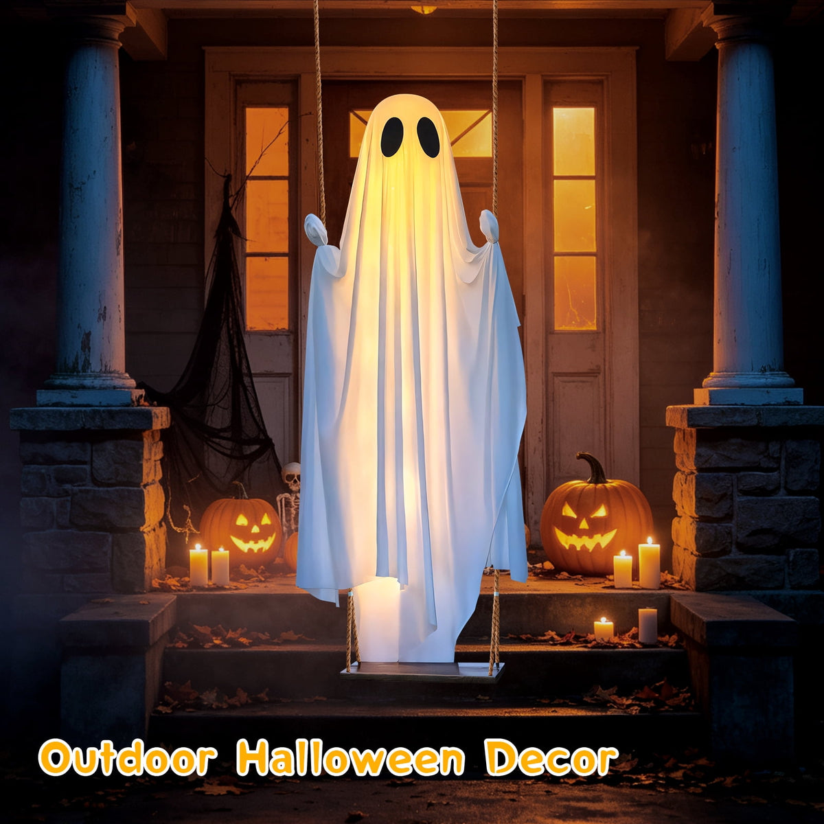 Ninonly Halloween Decorations Outdoor,5 Ft Large Hanging Swing Ghost Halloween Decor with String Lights, Spooky Cute Ghosts Decorations for Front Yard Tree