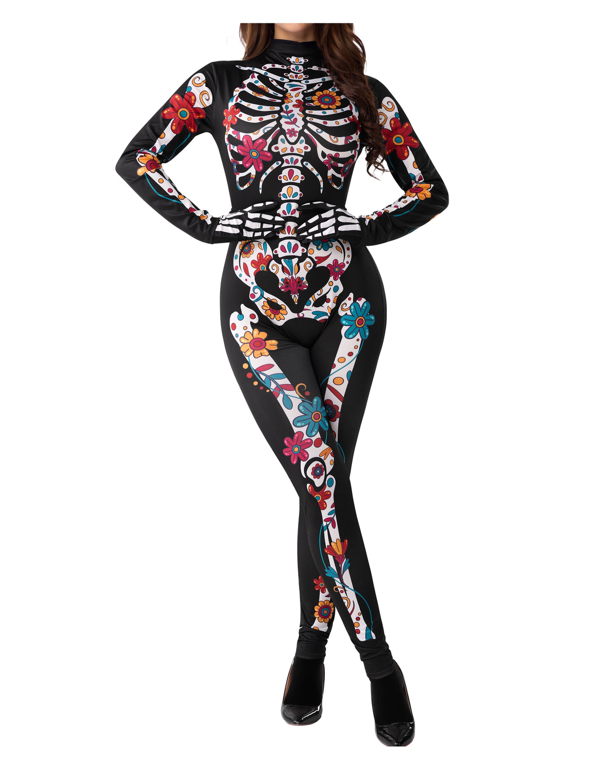 Joyfy Glow in the Dark Skeleton Costume for Adults Women Halloween Dress Up Party Role Playing Cosplay
