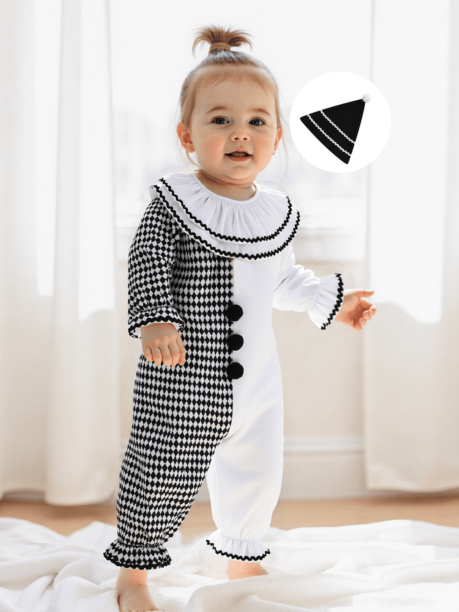 RUINIXCW Kids Toddler Baby Girl Boy Halloween Outfit Clown Costume Infant Baby Girl Boy Romper Birthday Photoshoot Outfit Contrast Color Long Sleeve Jumpsuit Hat