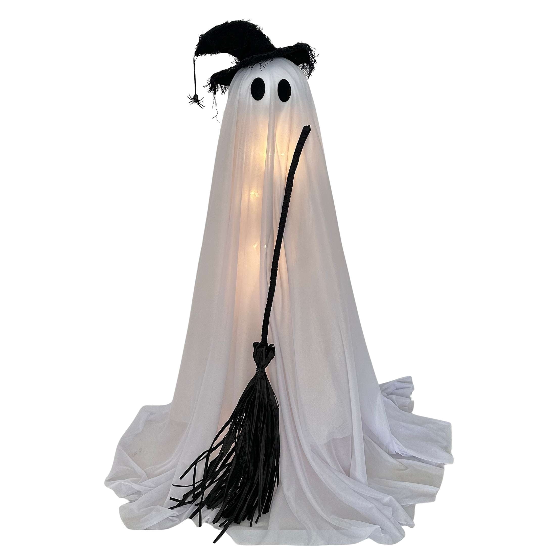Light-Up Standing Fabric Ghost with Broom Decoration, Black and White, 36", Halloween by Way To Celebrate