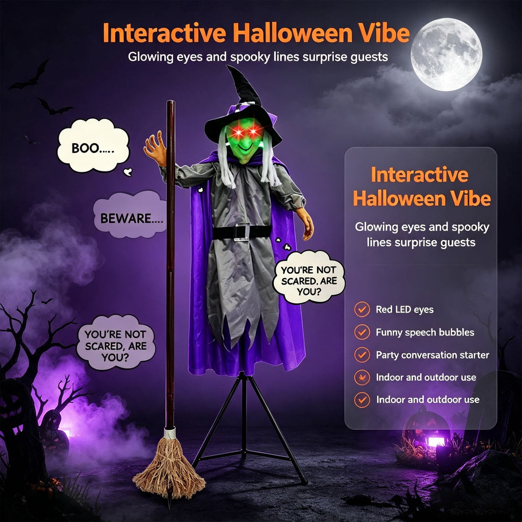 Halloween Flying Witch on Broom Decorations, 6 FT Animated Hovering Witch Animatronics Holding Sweeper Props with Scary Sounds and Lights, House Decor for Outside Indoor Garden Yard Lawn
