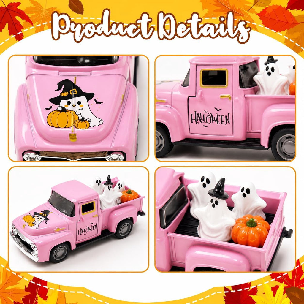 Molumo Halloween Truck Decor - Vintage Pink Pickup Truck with Ghost and Pumpkin Figurines for Halloween Home Tiered Tray Holiday Party Decoration