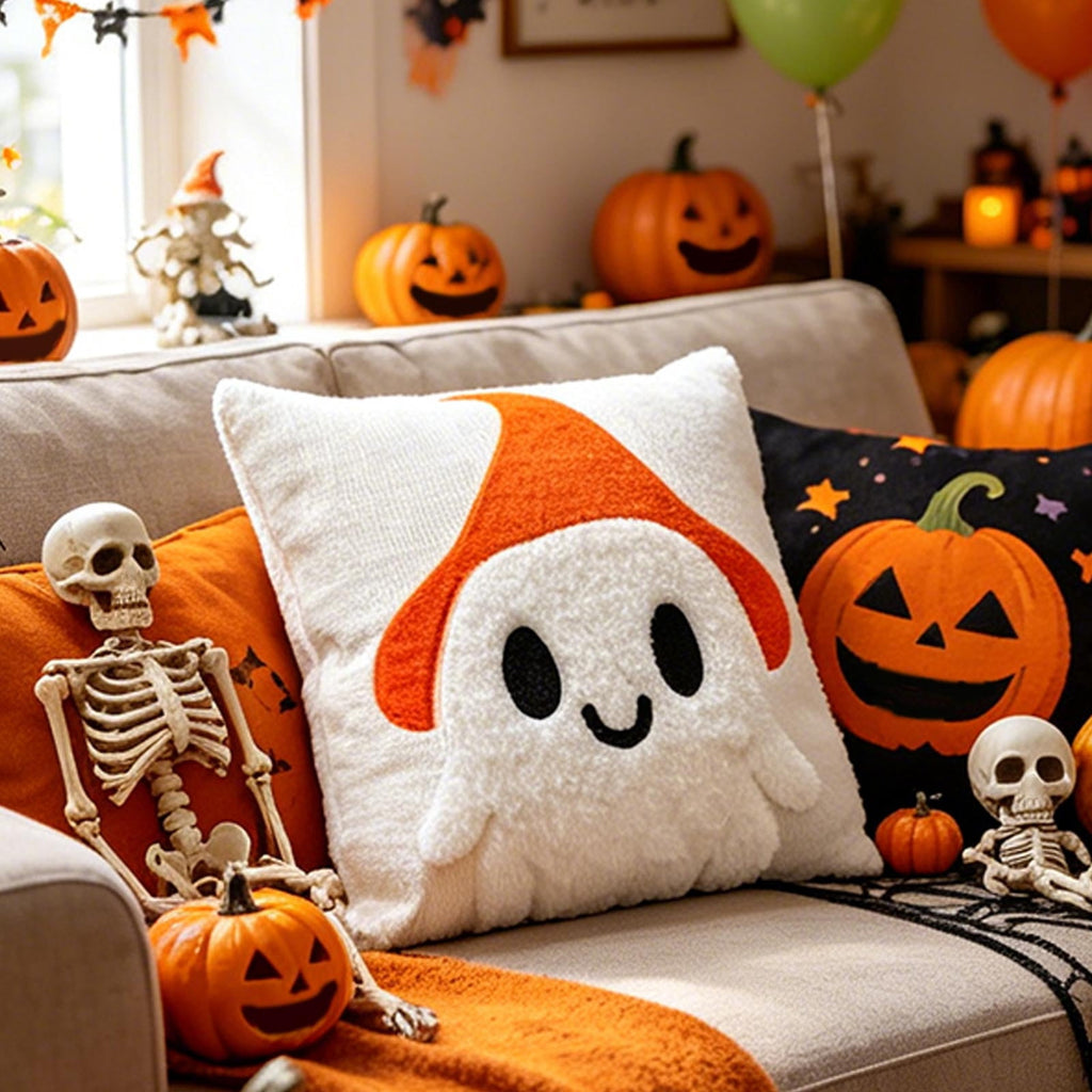 Yeciiwht Halloween Throw Pillow Cover – 18*18inch Embroidered Linen Cushion Case with Ghost, Mummy & Bat Designs, Invisible Zipper, Machine Washable