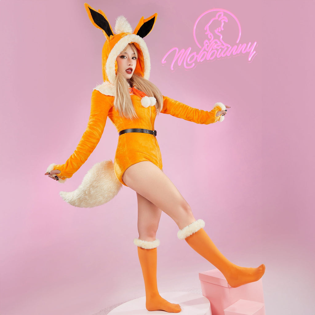 Women sexy Fluffy Hooded Bodysuit Halloween Deep V Kawaii One Piece Lingerie Rompers with Choker and Socks