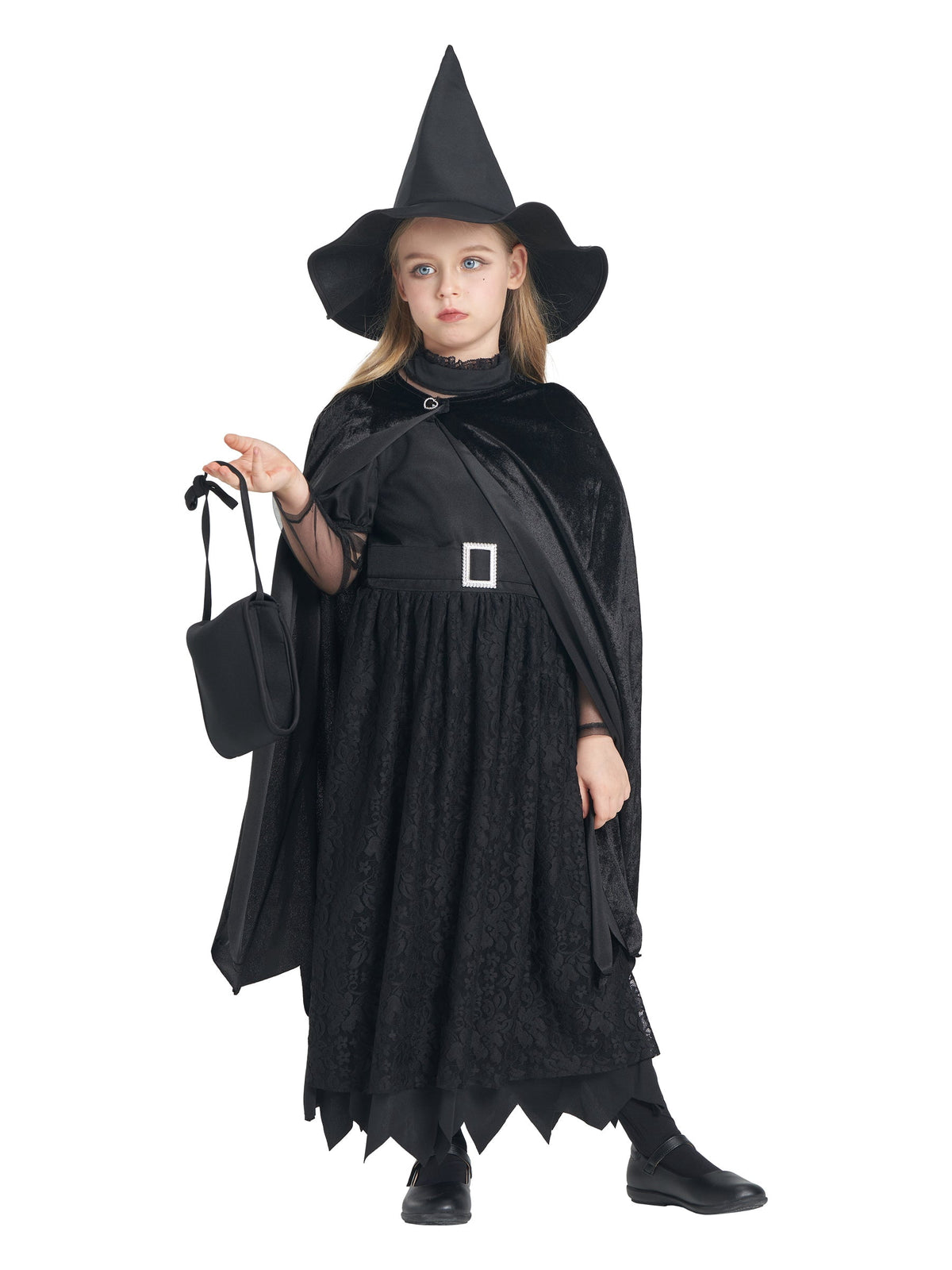 Girls Deluxe Witch Costume, 4 Pcs Dress Hat Cape Bag Velvet Black Suit for Kids Halloween Party Fancy Dress Up 4-6Y
