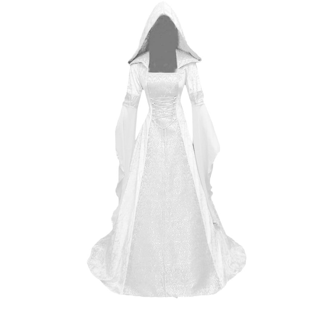 Medieval Renaissance Hooded Dress for Women, Silver Gothic Witch Costume with Lace-Up Corset, Vintage Velvet Long Sleeve Gown for Halloween Cosplay Renaissance Wedding Themed Party-Dark Blue/L