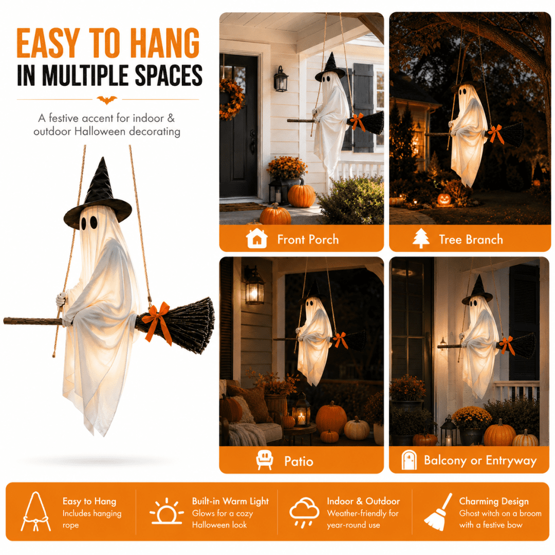 LIGHTED HANGING GHOST WITCH HALLOWEEN DECORATION Floating White Ghost With Black Witch Hat Rustic Broom And Orange Bow Warm Glow