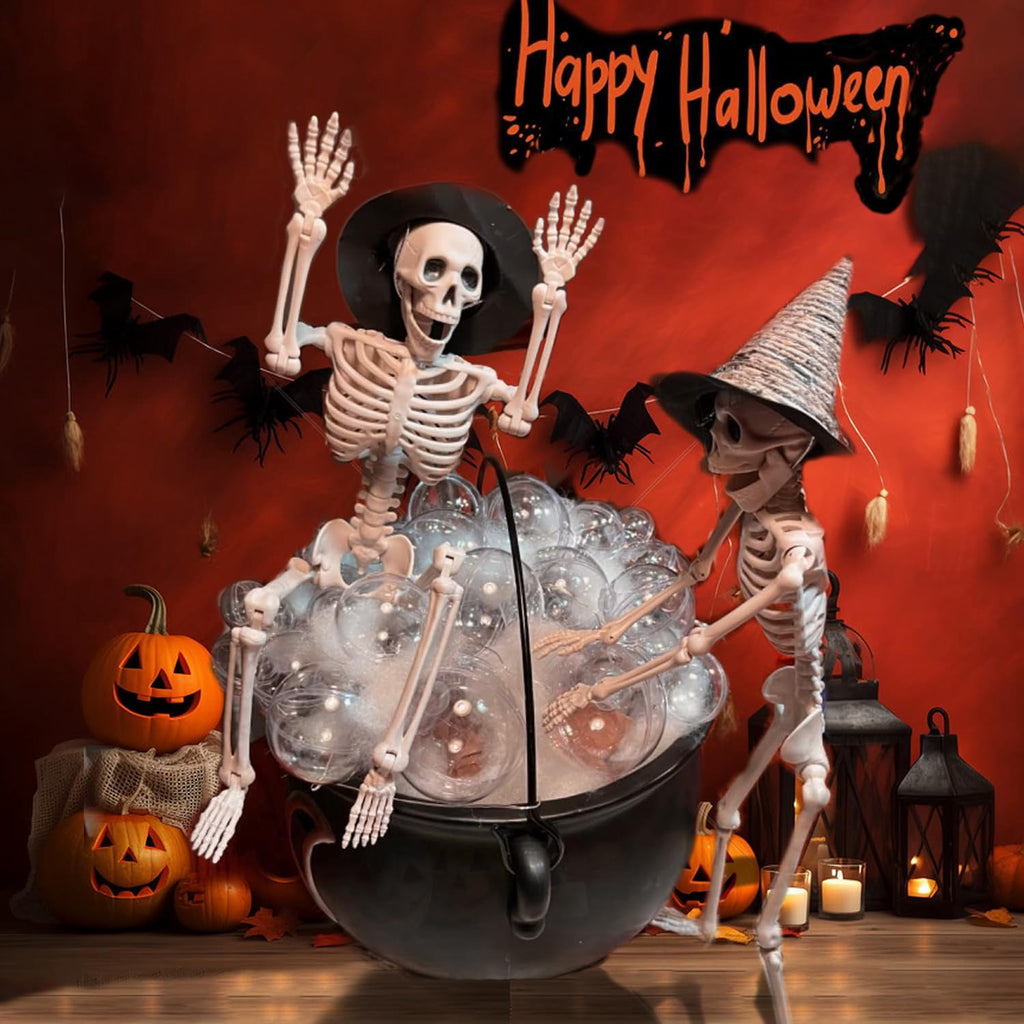 TETOU 2 Packs Halloween Skeletons, 14.9" Halloween Full Body Skeleton with Posable Joints for Haunted House Graveyard Props Decor