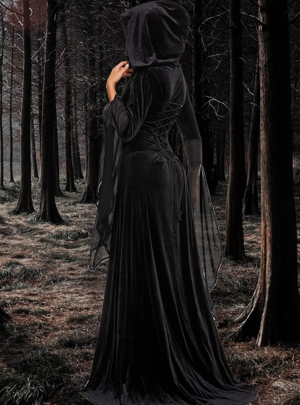 Halloween Witch Costume Women, Deluxe Witch Dress Costume, Vintage Embroidered Renaissance Gothic Hooded Vampire Gown Dress Cosplay Costumes Black M