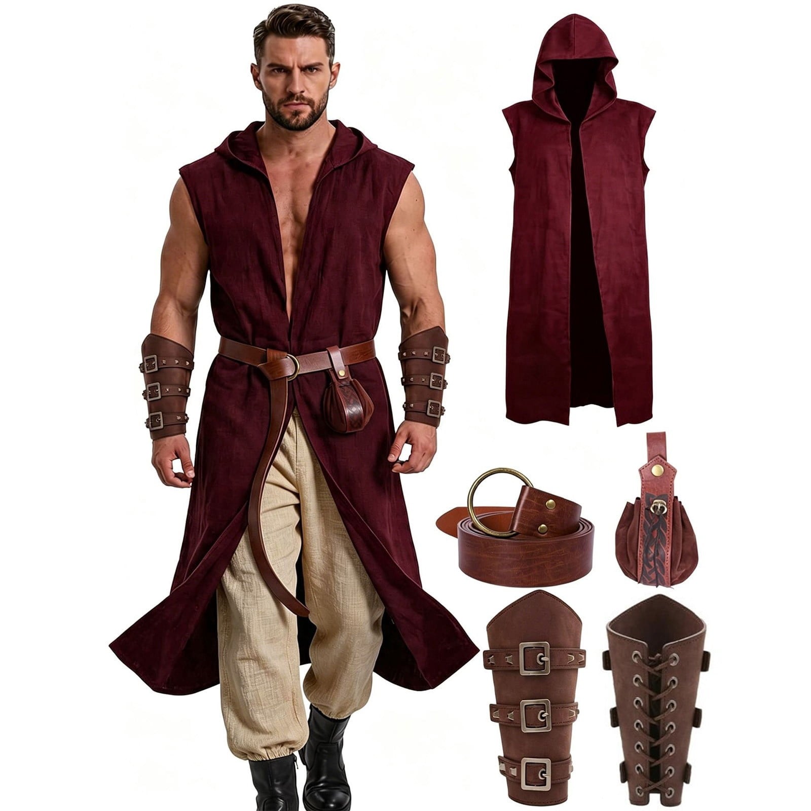 Men's Medieval Vintage Viking 5-Piece Cosplay Costume Set Sleeveless Hooded Cape Belt and Bracers for Halloween