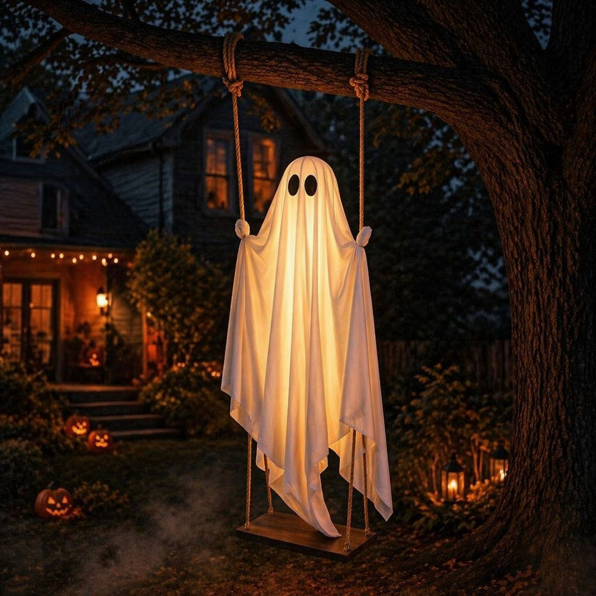 Clearance! Lighted Swing Ghost with Wooden Board, 45" Halloween Decorations Outdoor, Spooky Cute Ghosts Decorations for Front Porch Yard Tree