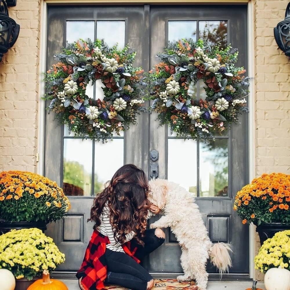 Artificial Fall Wreaths for Front Door Rustic Autumn Wreath with Pumpkin,Rose,Berry Branchesm,Mixed Leaves Thanksgiving Wreath Fall Door Wreath for Halloween Thanksgiving Indoor Outdoor Decor (B17.7)