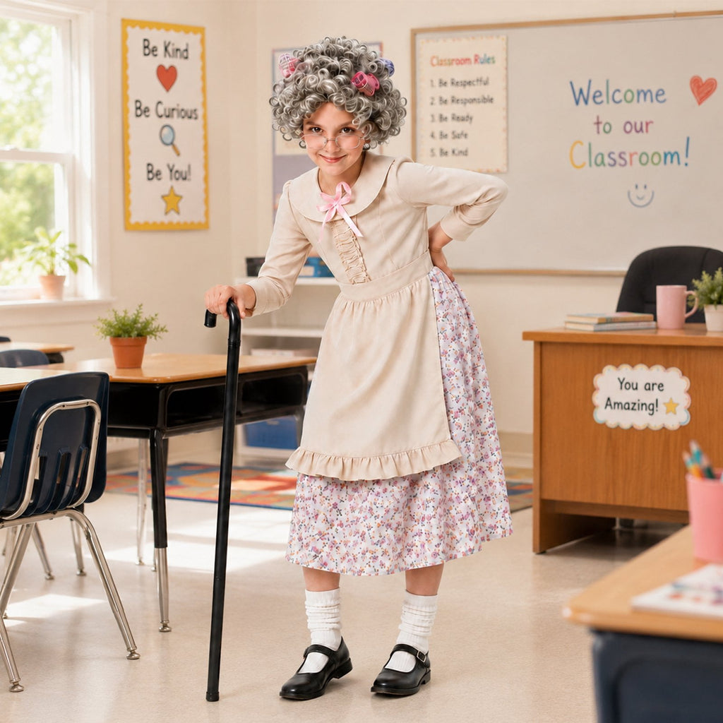 Girls Old Lady Costume 10Pcs Set - 100 Days of School Halloween Costume Grandma Dress Up Granny Outfit