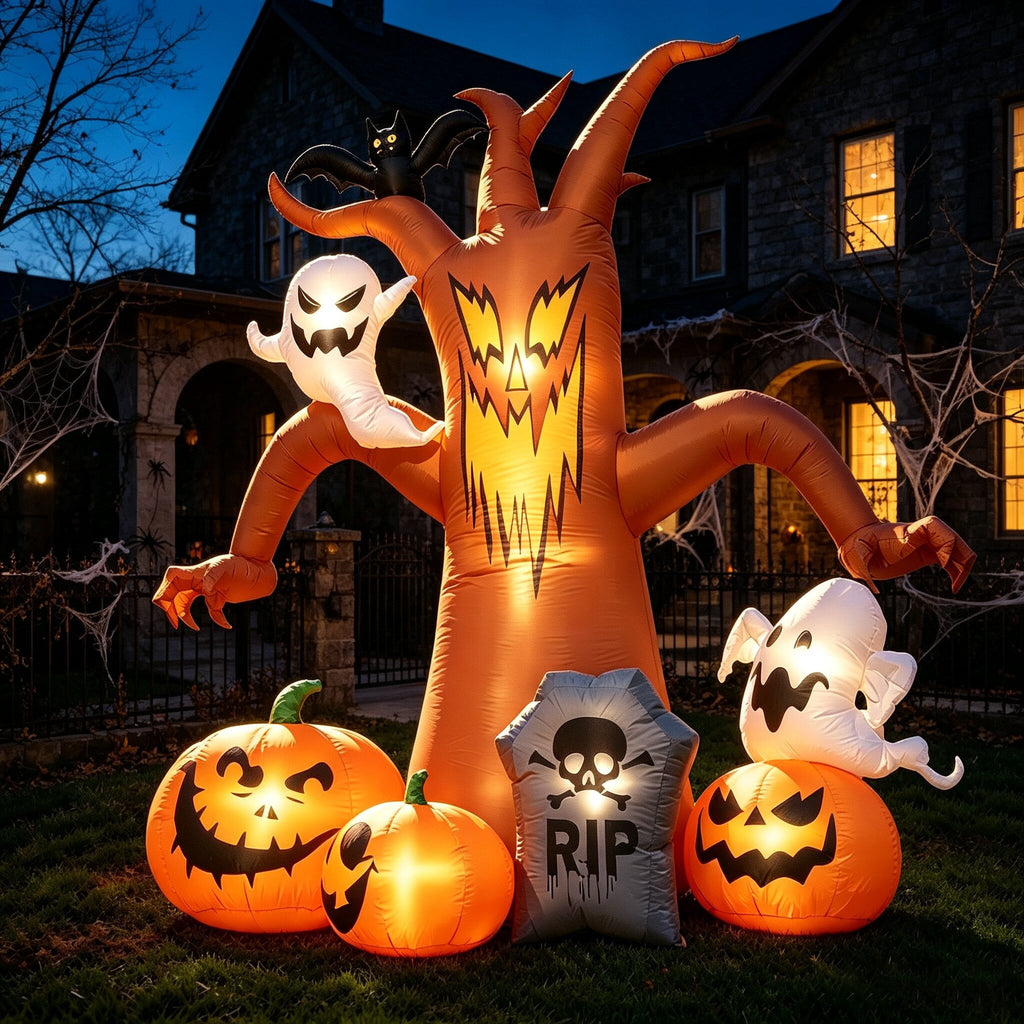 Coolmade 8 ft Halloween Inflatable Dead Tree, Blow‑Up Yard Decor with Built‑in LED Lights, Pumpkin Ghost Tombstone Bat for Lawn Garden Party