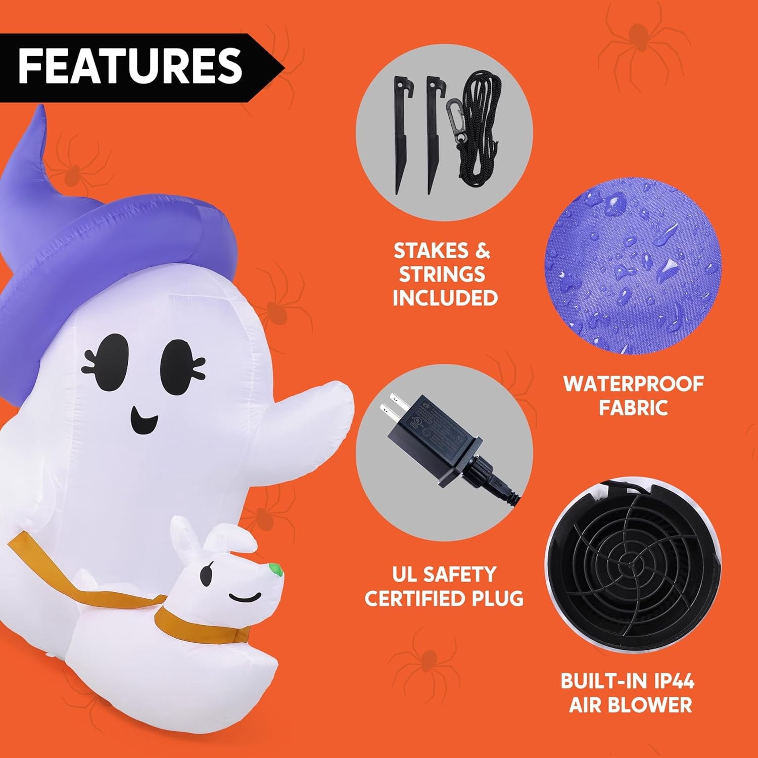 Joyfy 5ft Halloween Inflatables Light up Cute Ghost,Blow Up Ghost Lift Pumpkin Candy Bag with Build-in LEDs for Yard Decorations