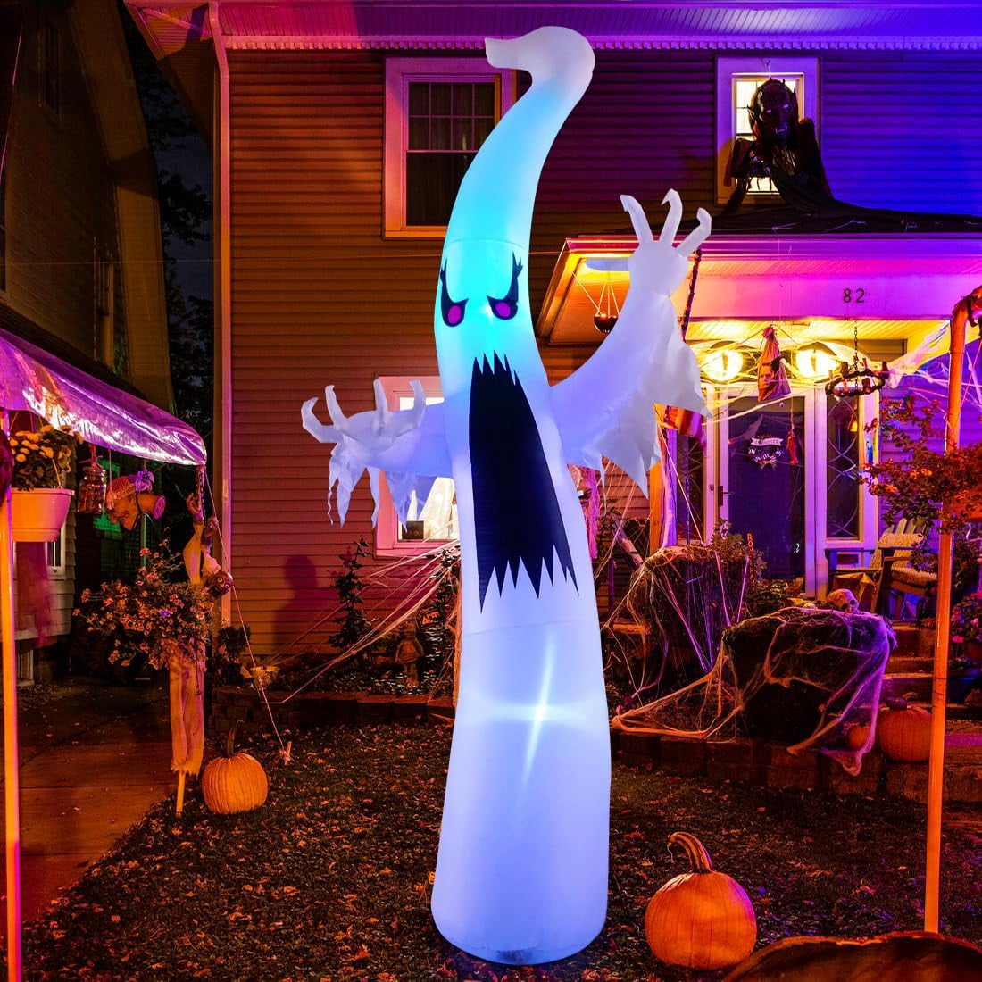 GOOSH 12 FT Height Halloween Inflatable Outdoor Colorful Dimming Ghost, Blow Up Yard Decoration Clearance with LED Lights Built-in for Holiday/Party/Yard/Garden