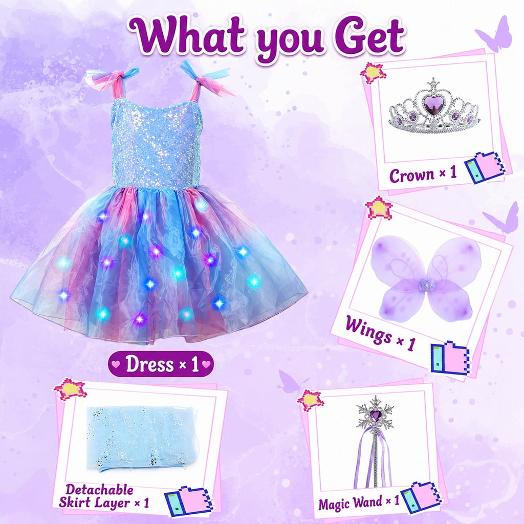 WonderStone Princess Dress for Girls, Fairy Costume Dress-Up with Luxury Accessories, Purple Tutu Outfit for Birthday Parties, Kids & Toddlers Ages 5-6