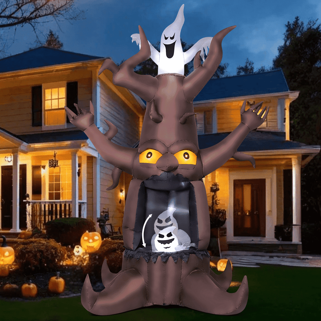 GOOSH Halloween Inflatables 9 FT Animated Halloween Tree Inflatables with Built-in LED lights, Scary Spooky Tree Inflatable with White Ghost, Outdoor Halloween Decorations for Halloween Holiday Party