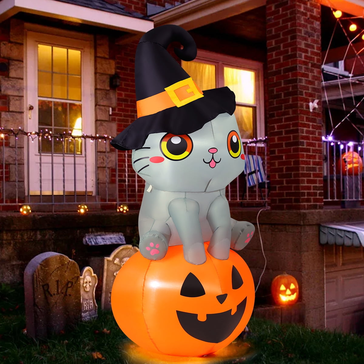 GOOSH Halloween Inflatable 6 FT Inflatable Halloween Cat Sitting on Pumpkin, Halloween Inflatable Cat Pumpkin with LED Lights, Funny Outdoor Halloween Decorations for Halloween/Holiday/Party