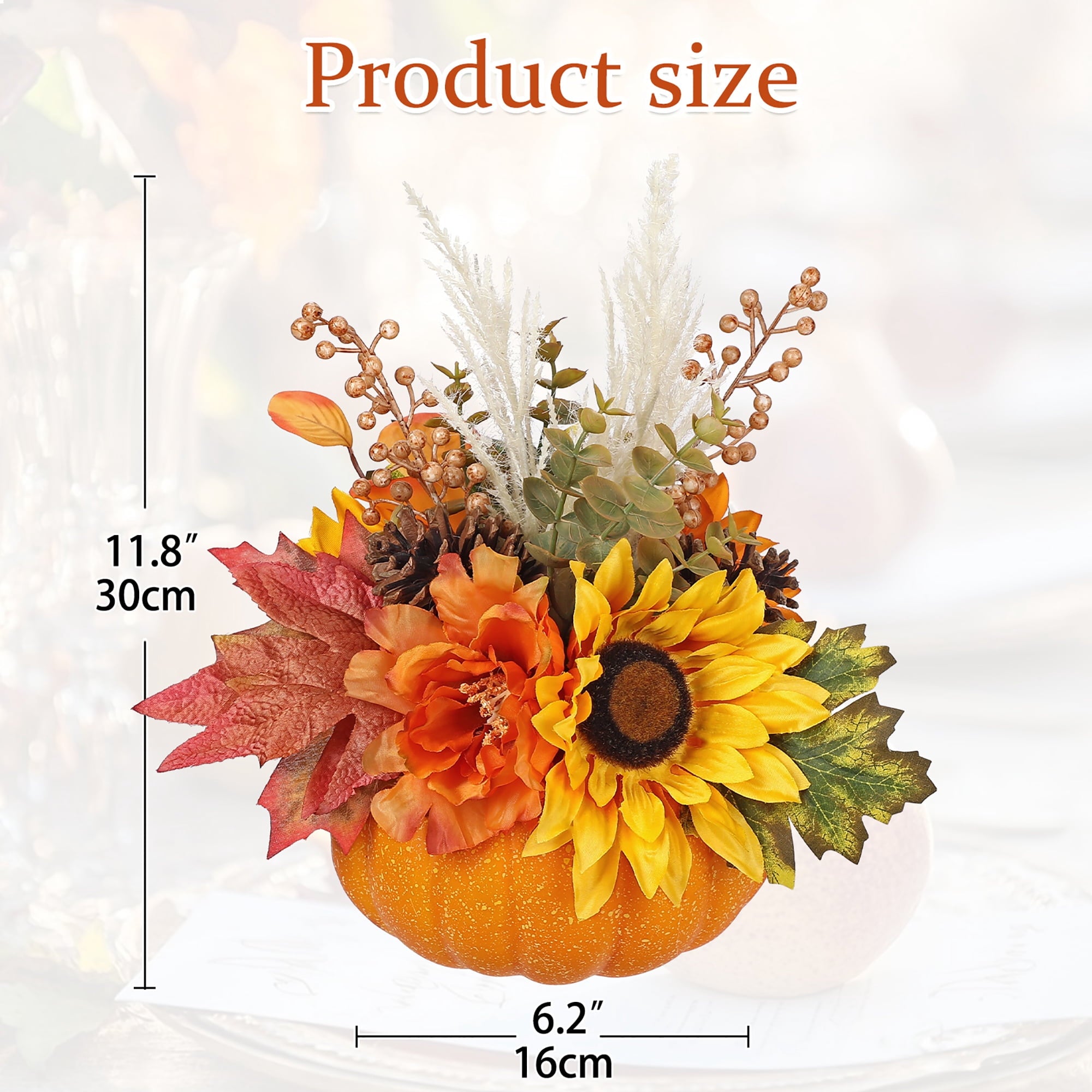Briful 12.9"Artificial Pumpkin Floral Arrangement with Orange Sunflowers Leaves Fall Table Centerpiece for Harvest Autumn Décor
