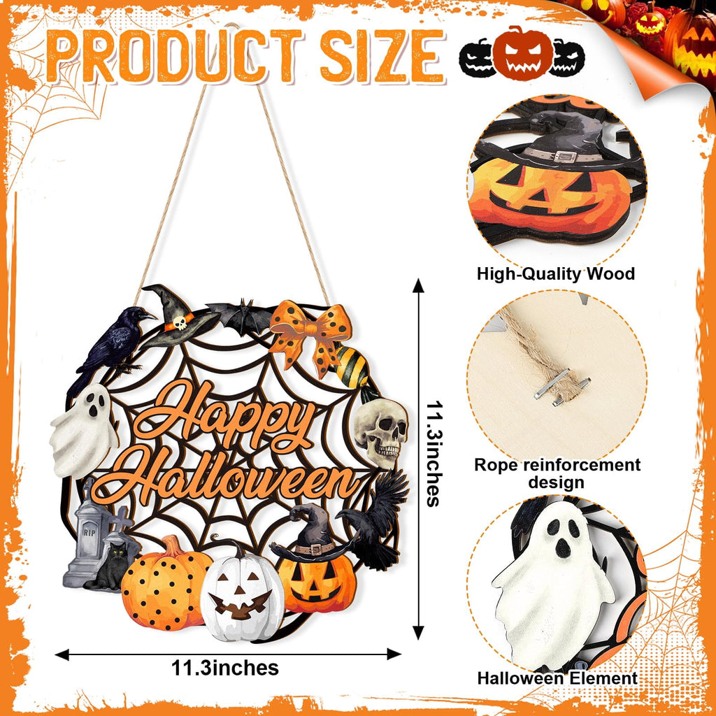 Halloween Decoration Indoor,Ghost & Pumpkin Halloween Wreath for Front Door,Wooden Black Cat Wall Sign Hanging Decor Indoor Outdoor Farmhouse Party Supply