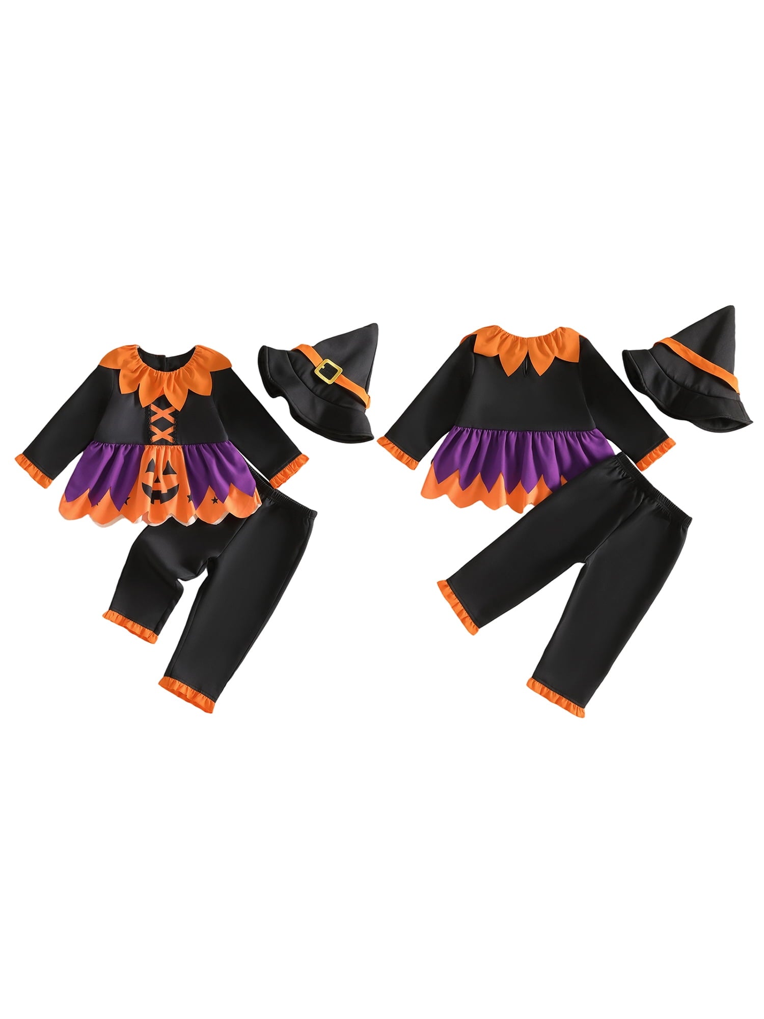 RUINIXCW Toddler Baby Girl Halloween Witches Costume Kids Pumpkin Costume Infant Girl Fall Cosplay Outfit Long Sleeve Collar Babydoll Shirt and Pants Hat Set