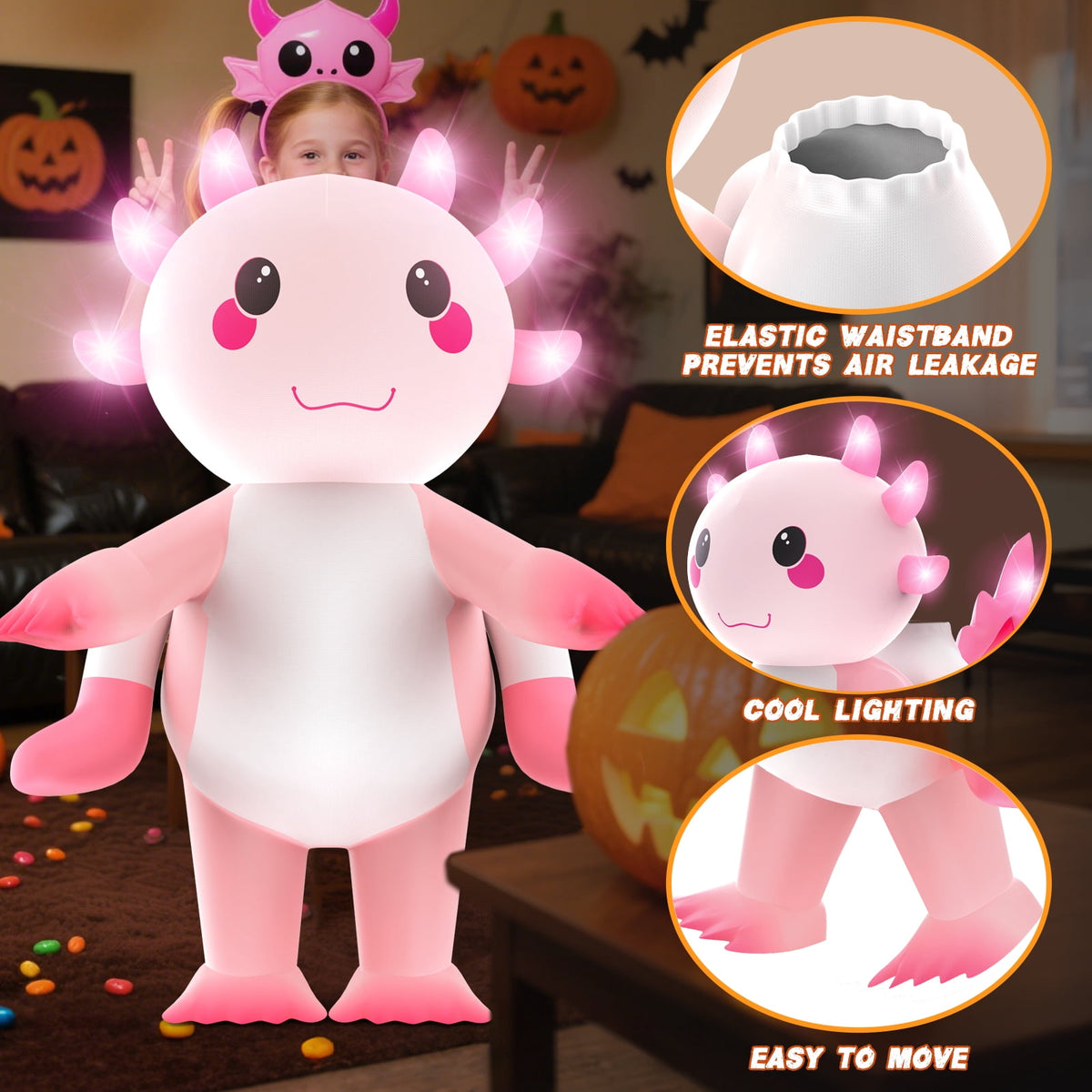 WonderStone Axolotls Inflatable Costume with LED Lights, Halloween Ride-on Costume, Blow-Up Dragon Onesie for Cosplay Party, Suitable for Kids Ages 7-12