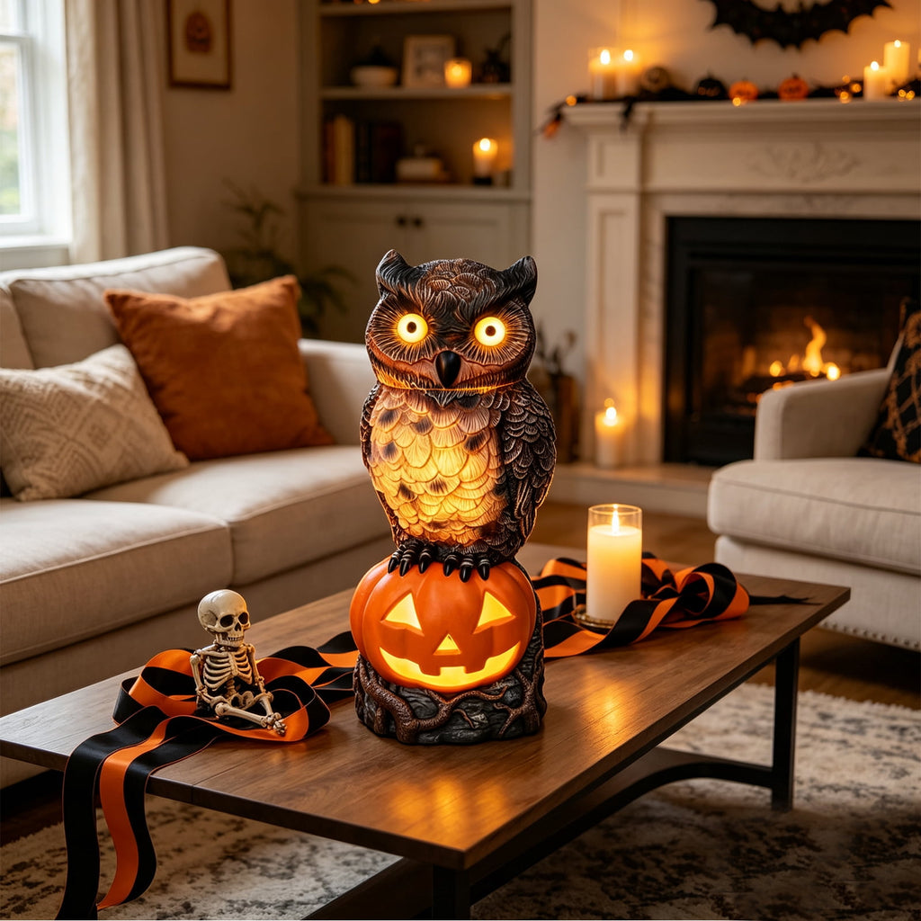 Halloween Dog Greeter - Frenchie 7.9in Resin Witch Dog with Light-Up Pumpkin, Spooky Fall Decor, Indoor Outdoor Tabletop Decoration