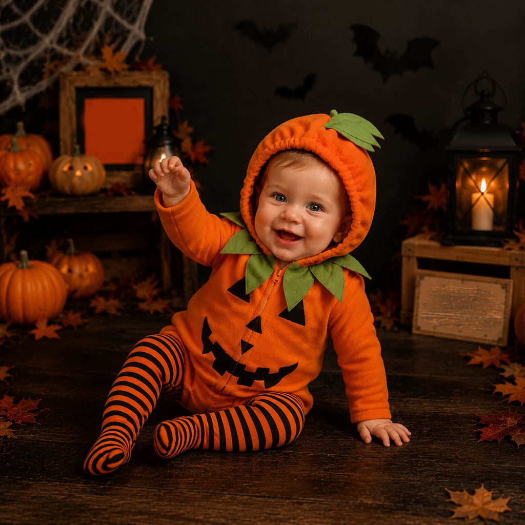 Newborn Infant Cute Jack-O-Lantern Costume Halloween Bodysuit and Striped Leggings Set Fall Holiday Fancy Dress Up Outfit for Boys Girls Party Festival