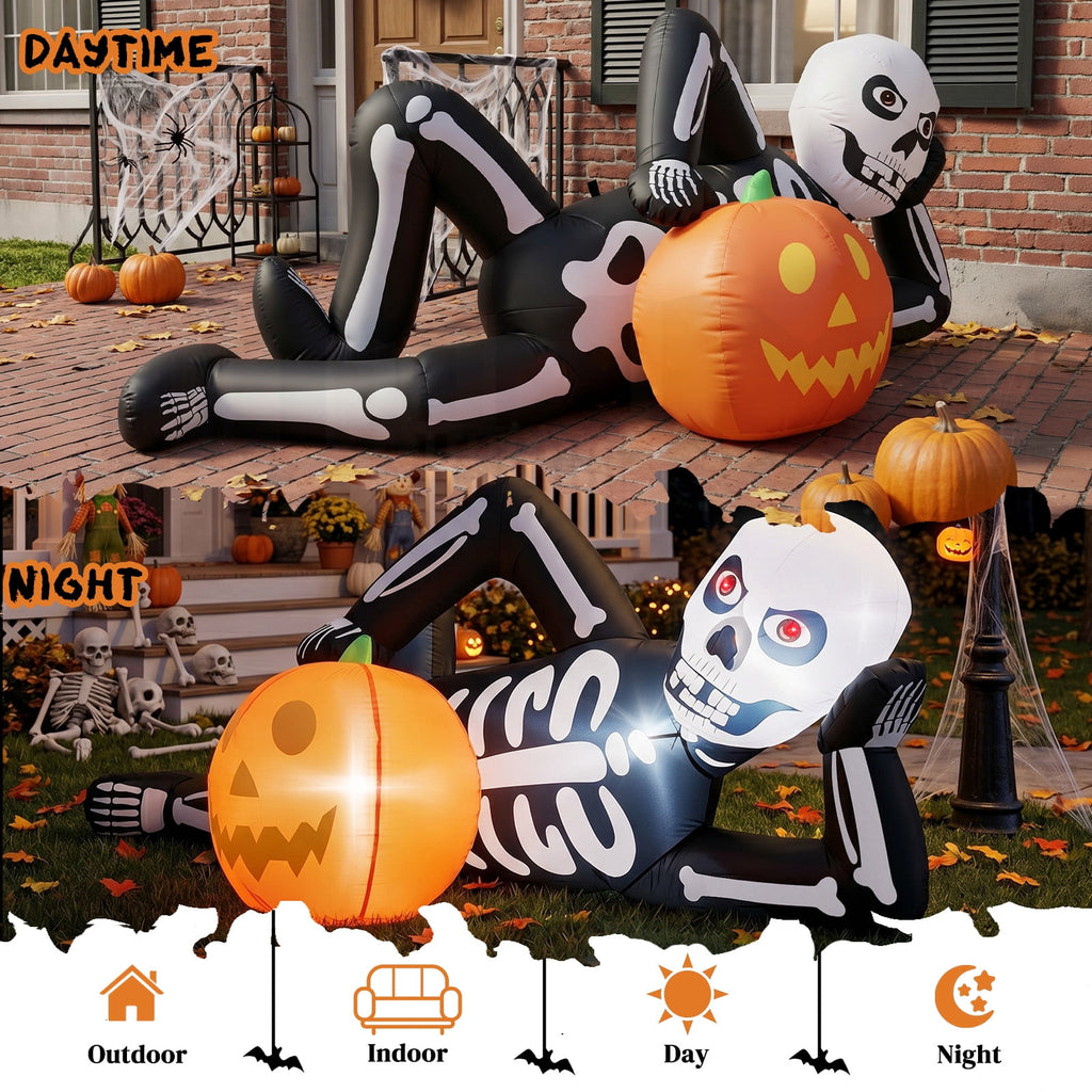 7ft Halloween Inflatable Lying Skeleton with 7 LED Lights for Lawn Decor
