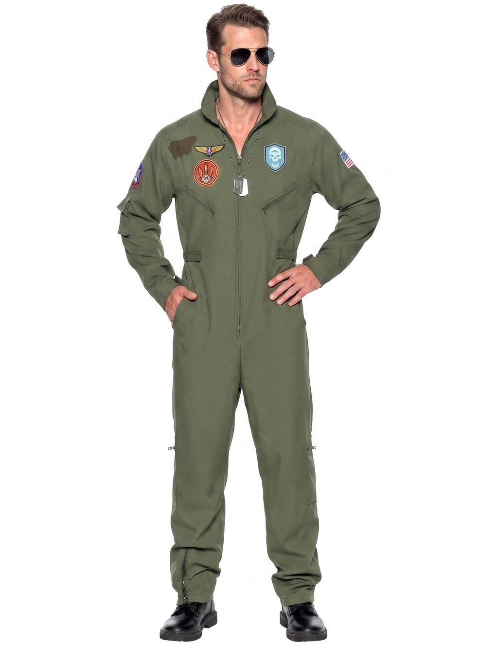 Joyfy Flight Pilot Costume for Adults Pilots Uniform Costume Movie Icon Green Jumpsuit for Men Halloween Party Fancy Dress up Cosplay