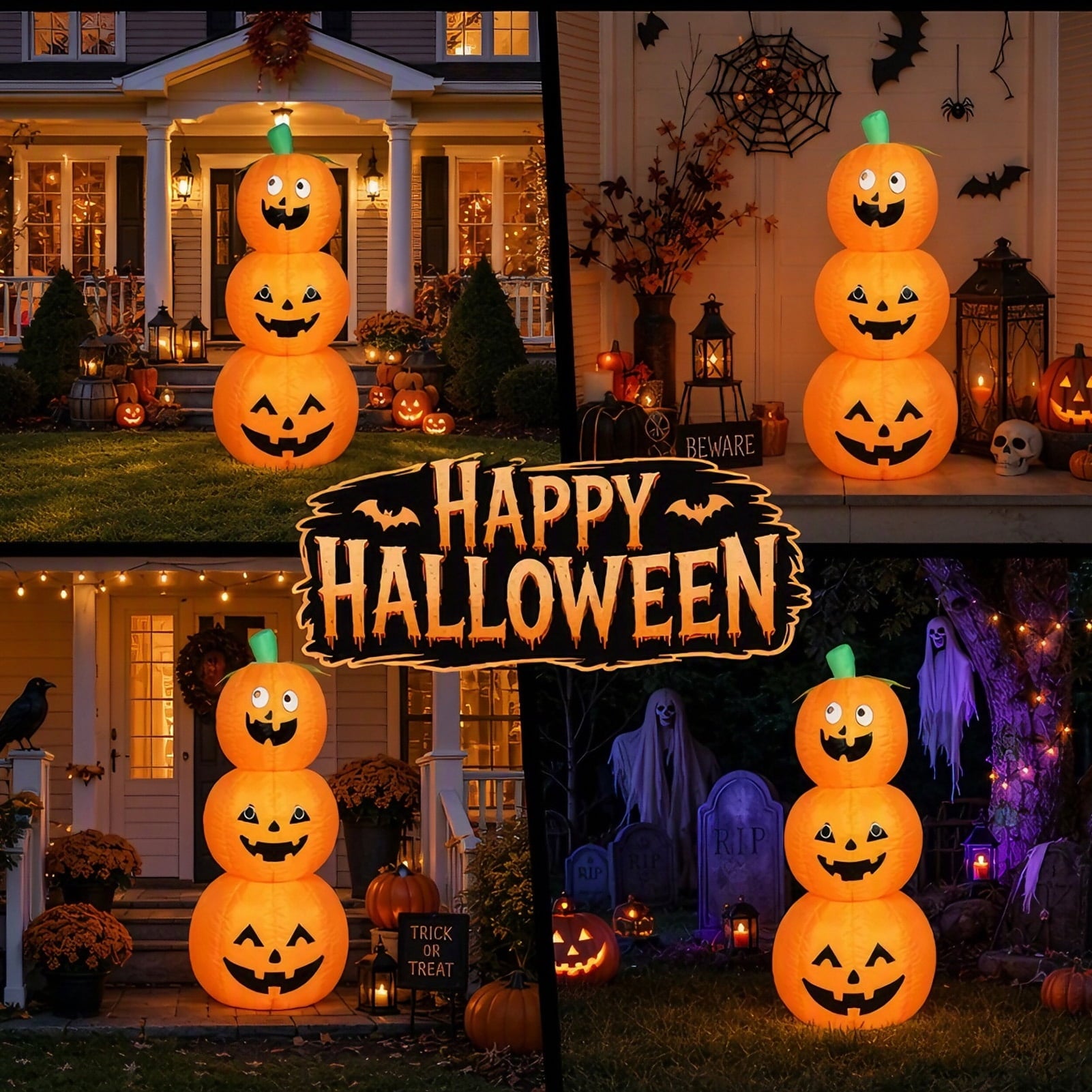 6 FT Halloween Inflatables Stacked Pumpkins Ghost with Build-in LEDs for Porch,Halloween Pumpkin Decor Blow up Yard Decorations