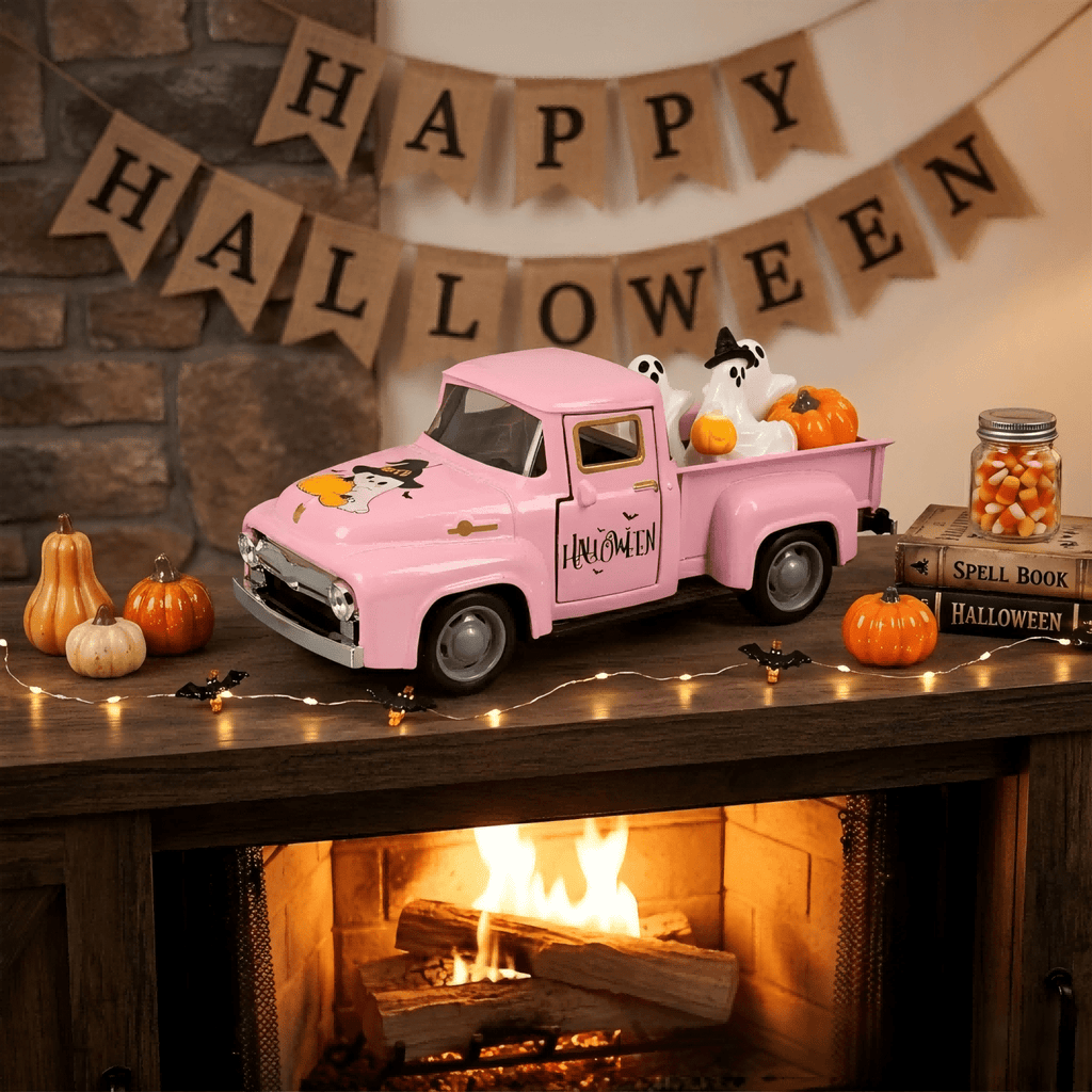 Molumo Halloween Truck Decor - Vintage Pink Pickup Truck with Ghost and Pumpkin Figurines for Halloween Home Tiered Tray Holiday Party Decoration
