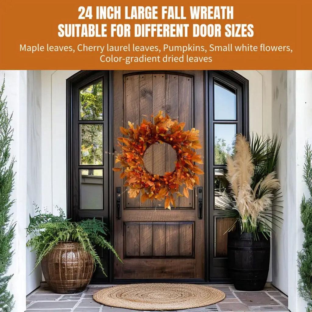 Fall Wreath Pumpkin Wreath Halloween Wreath for Front Door with Maple Leaves Harvest Wreath for Door Window Porch Thanksgiving Halloween Decor