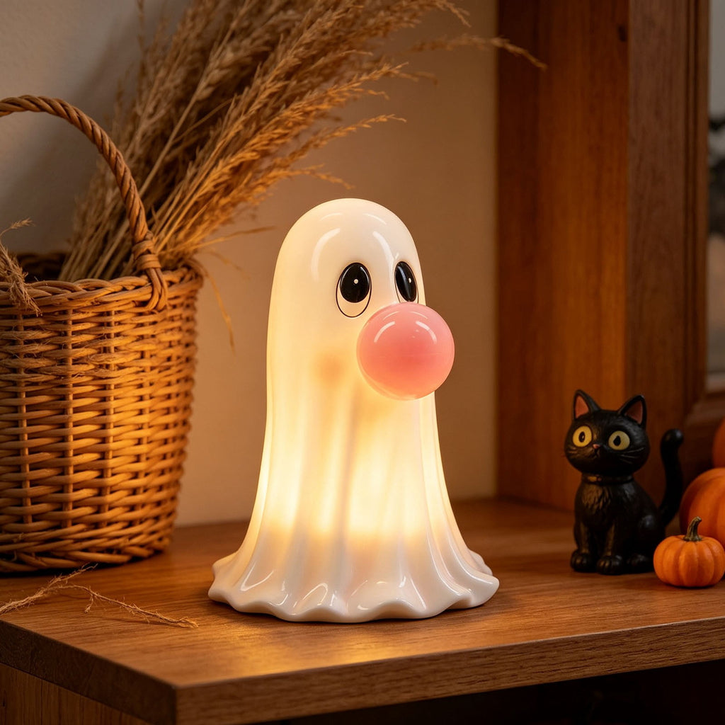 Homellea Light Up Bubble Gum Ghost Halloween Decor, 5.9 Inch Battery Operated Blow Mold Ghost Figurine with Bubble Detail for Tabletop, Mantel, Shelf, Entryway and Indoor Party Display