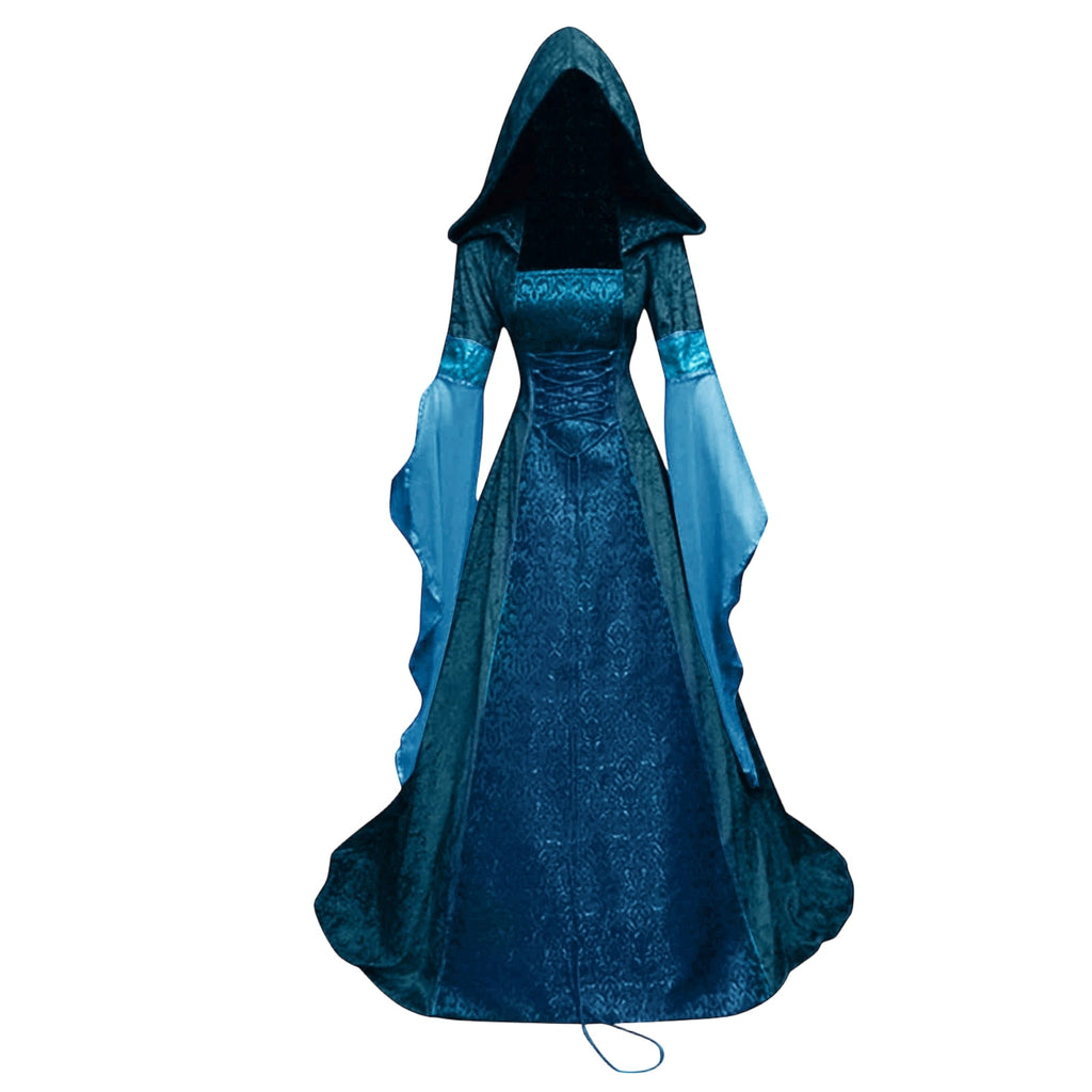 Women Gothic Cold Shoulder Midi Dress, Sheer Flare Bell Sleeve Front Corset Irregular Witch Costume Dress, Adult Halloween Dark Aesthetic Vintage Formal Evening Cosplay Party Outfit(Navy-2/M)