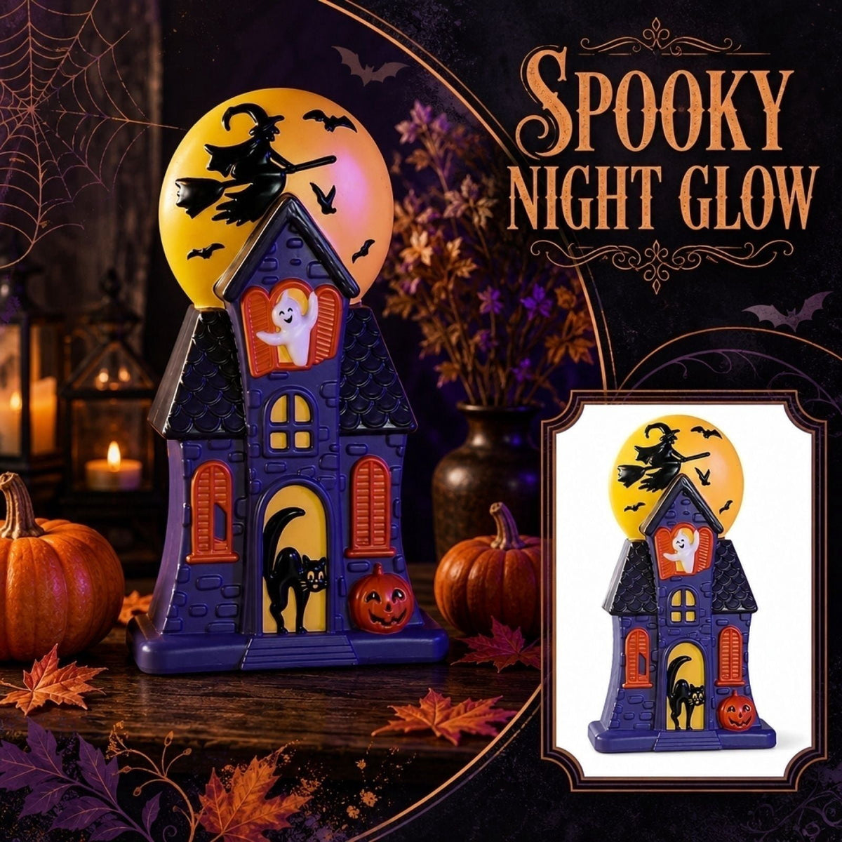 2026 New Summerween Haunted House Blow Mold Light with Bat Witch Black Cat Ghost for Halloween Ornament - Unique Resin Pre-Lit Spooky Mansion Haunted House for Tabletop Halloween Decorations
