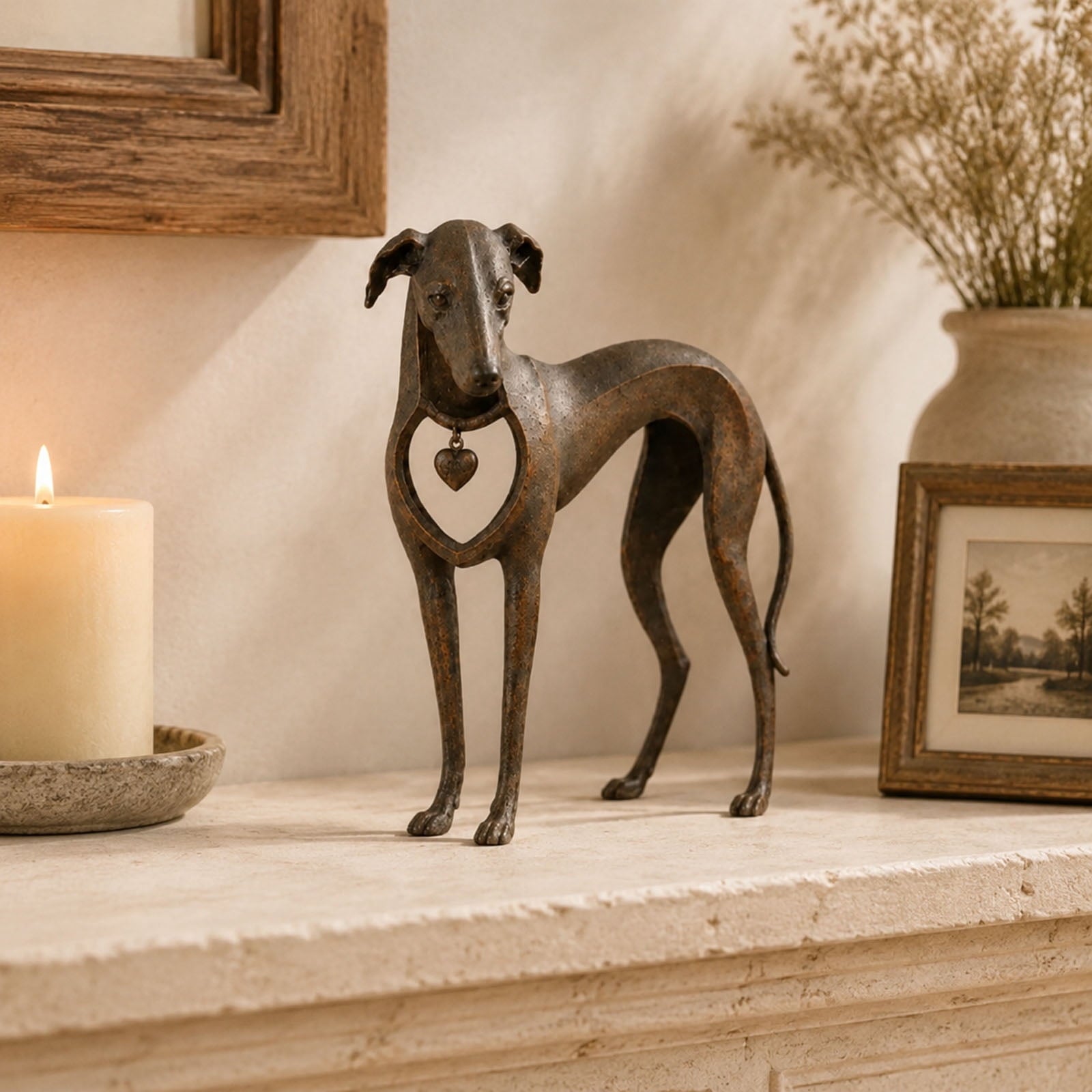Whippet Dog Figurine, Rustic Bronze Heart Collar Resin Sighthound Decor for Shelf, Home Decor